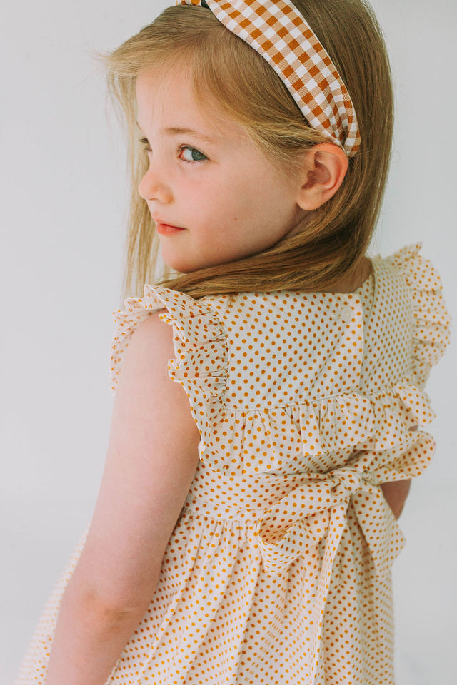 Little Girl's White and Yellow Gold Polka Dot Ruffle Collar Dress