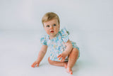infant girls pastel pink and blue bunny print easter bubble romper