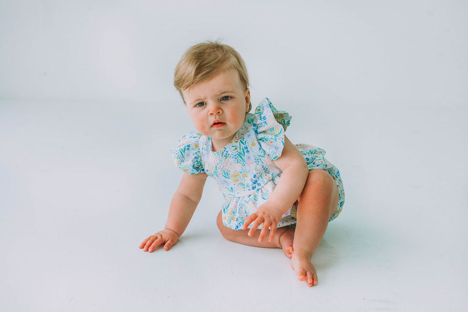 infant girls pastel pink and blue bunny print easter bubble romper
