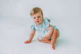 infant girls pastel pink and blue bunny print easter bubble romper