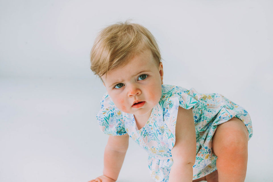 infant girls pastel pink and blue bunny print easter bubble romper