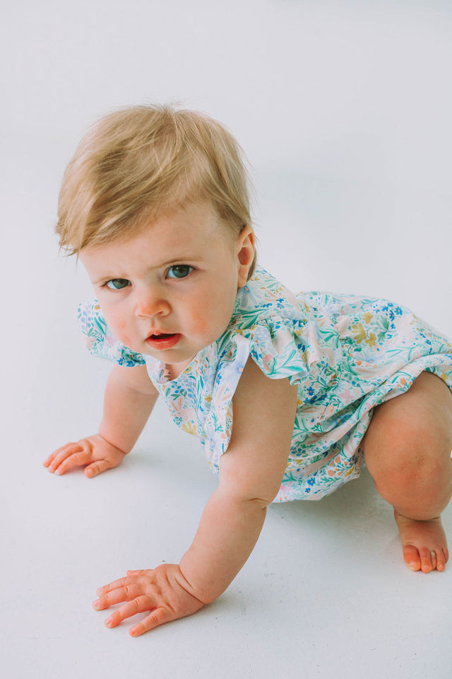 infant girls pastel pink and blue bunny print easter bubble romper