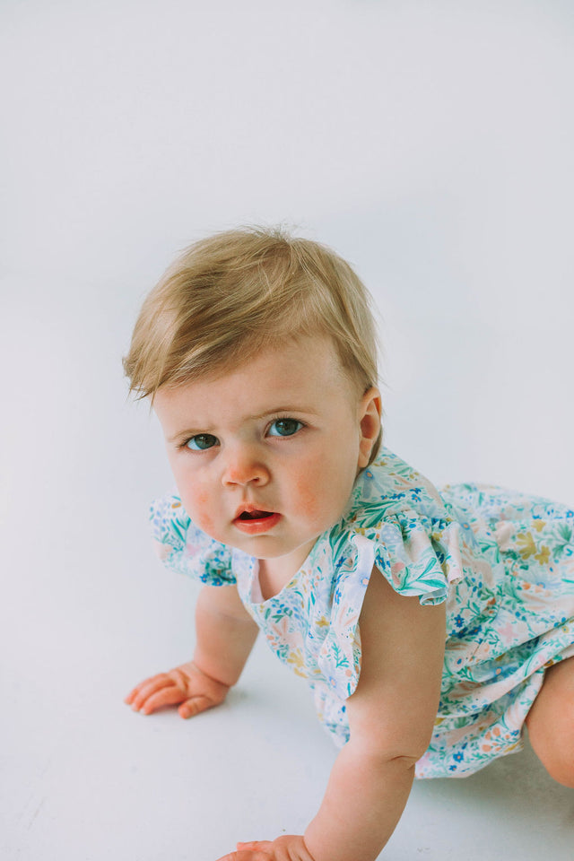 infant girls pastel pink and blue bunny print easter bubble romper