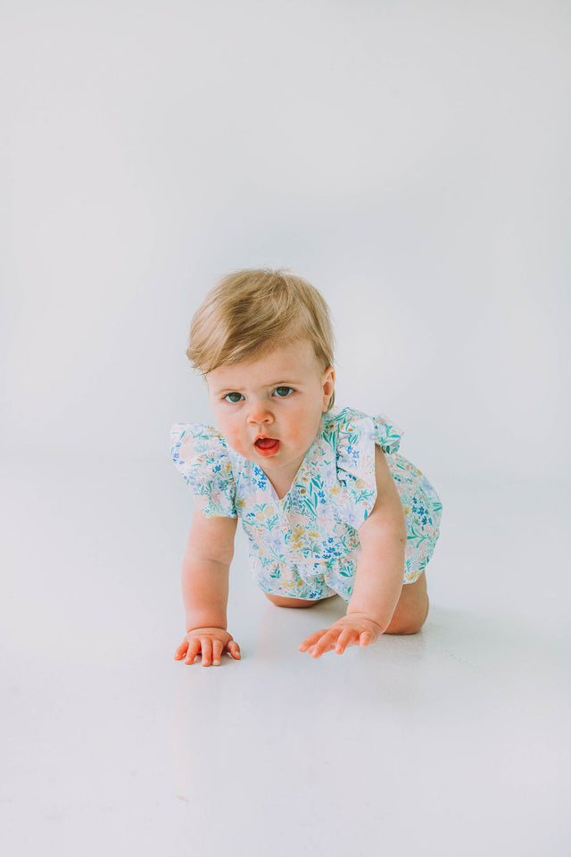 infant girls pastel pink and blue bunny print easter bubble romper