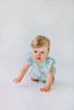 infant girls pastel pink and blue bunny print easter bubble romper