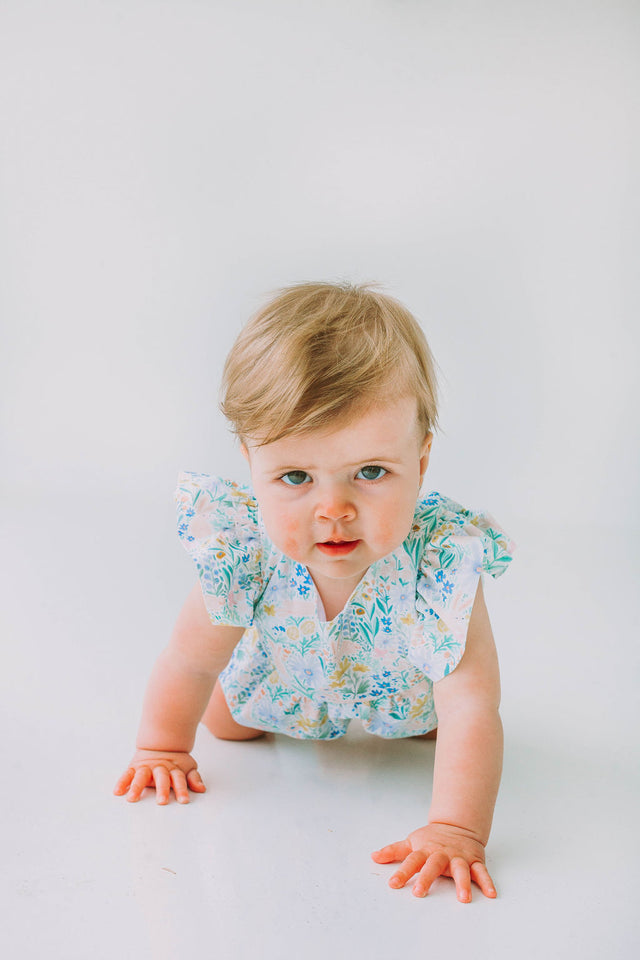 Infant Girl's Pink and Blue Pastel Bunny Print Easter Bubble Romper