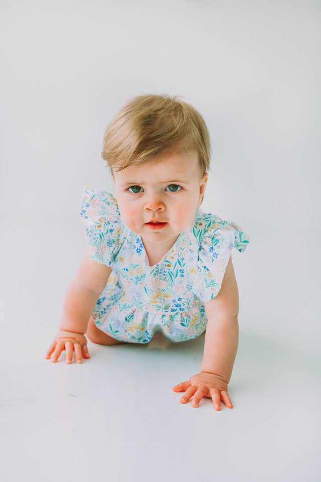 Infant Girl's Pink and Blue Pastel Bunny Print Easter Bubble Romper
