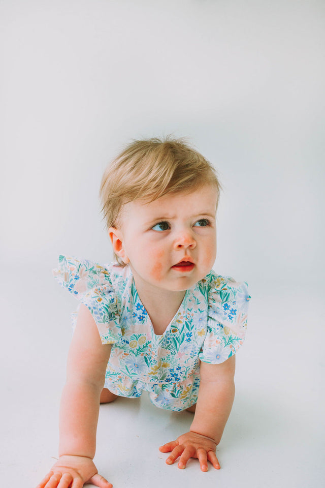Infant Girl's Pink and Blue Pastel Bunny Print Easter Bubble Romper