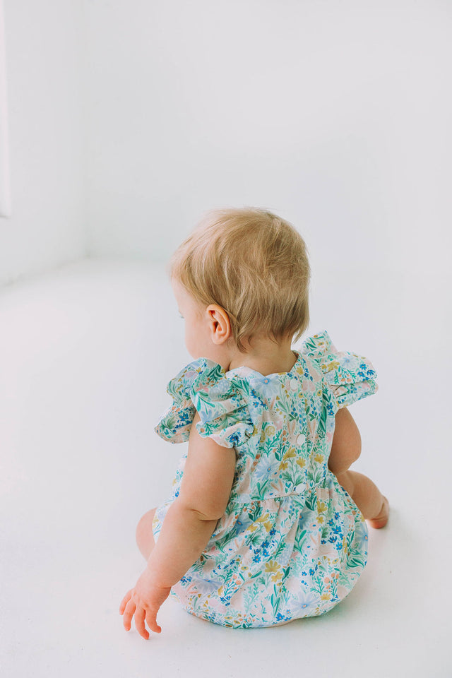 Infant Girl's Pink and Blue Pastel Bunny Print Easter Bubble Romper