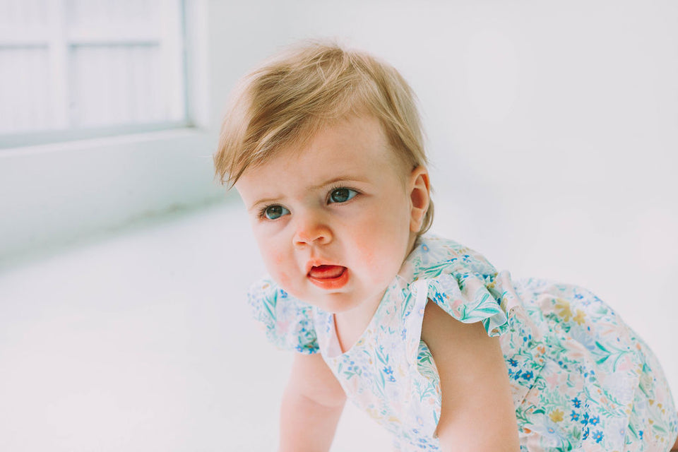 Infant Girl's Pink and Blue Pastel Bunny Print Easter Bubble Romper