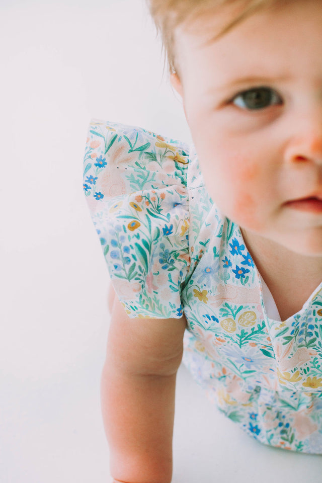 Infant Girl's Pink and Blue Pastel Bunny Print Easter Bubble Romper