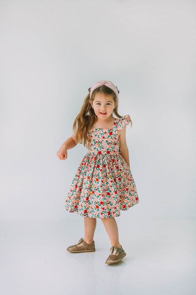 little girls pink red and gold floral twirl dress with flutter sleeves