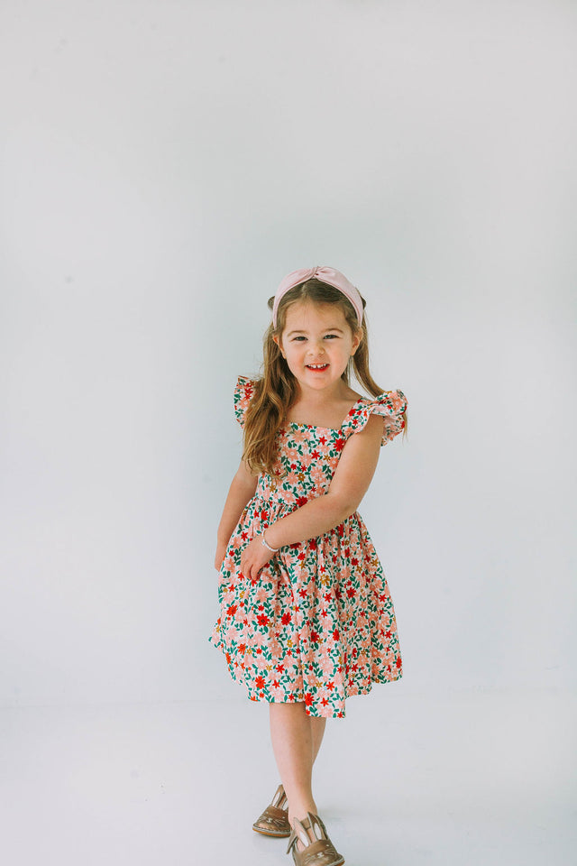 little girls pink red and gold floral twirl dress with flutter sleeves