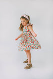 little girls pink red and gold floral twirl dress with flutter sleeves