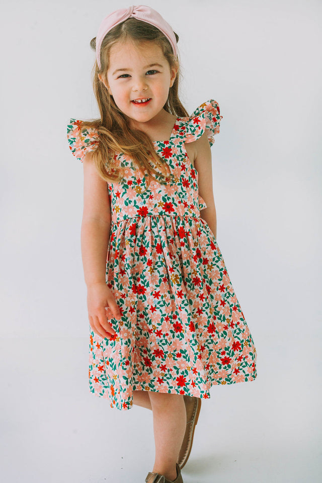 little girls pink red and gold floral twirl dress with flutter sleeves