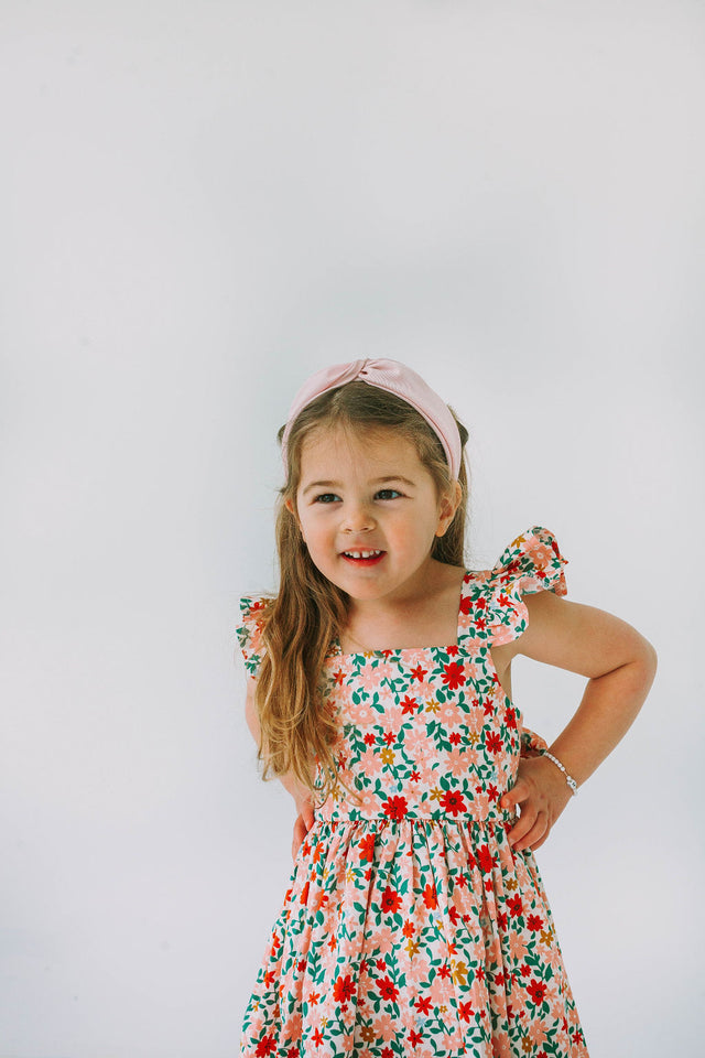 little girls pink red and gold floral twirl dress with flutter sleeves