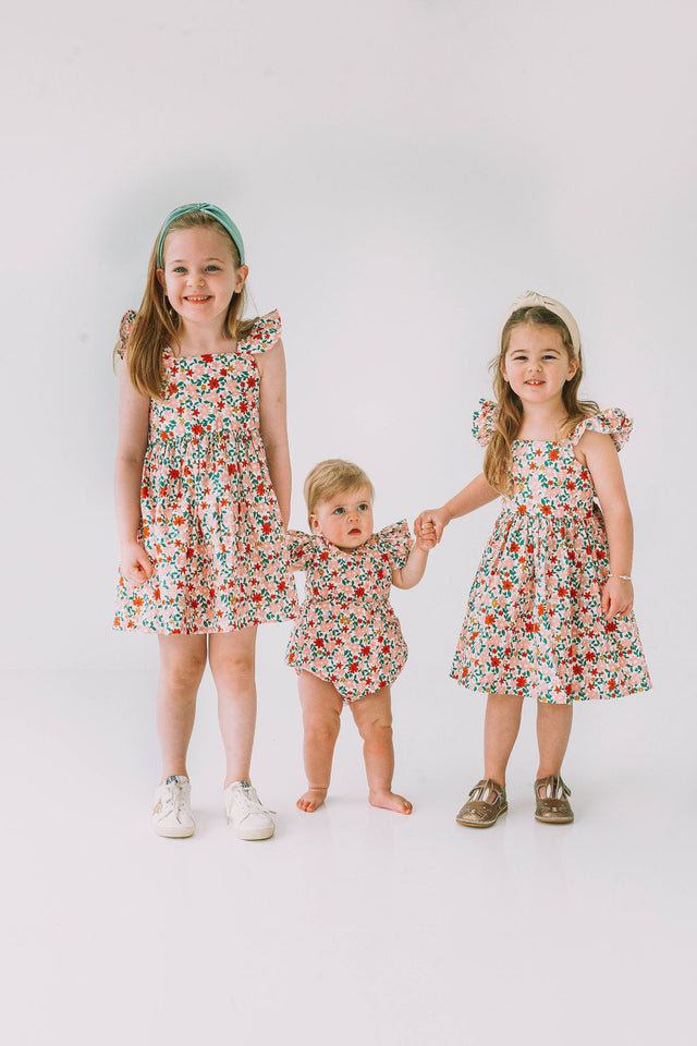 Little Girl's Pink Red and Gold Floral Twirl Dress