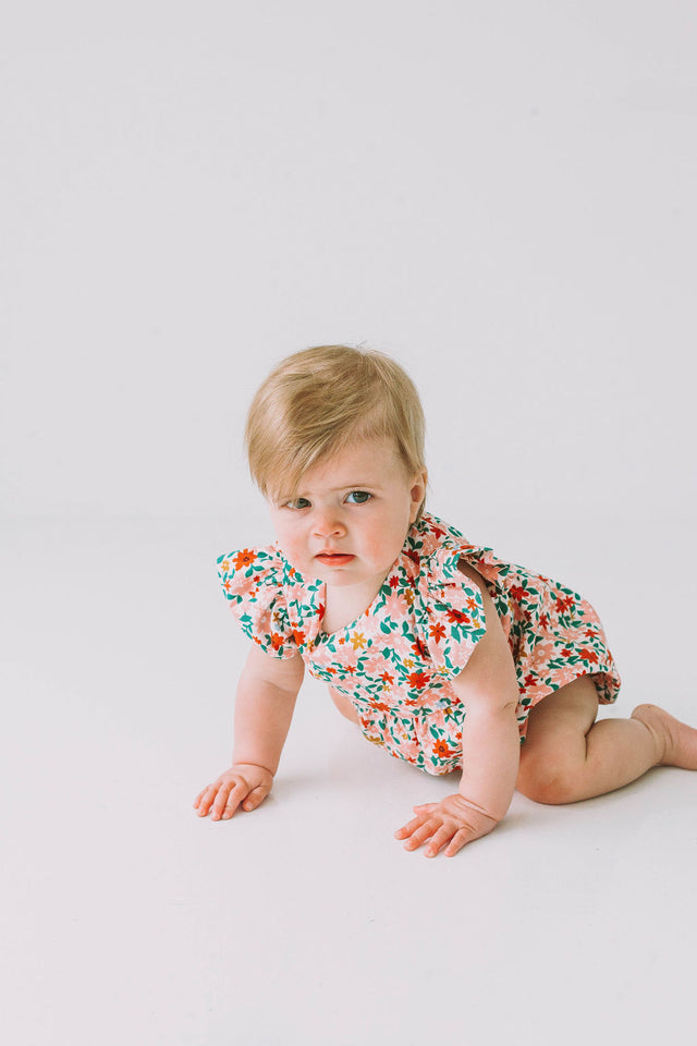 Infant Girl's Pink Red and Gold Floral Bubble Romper
