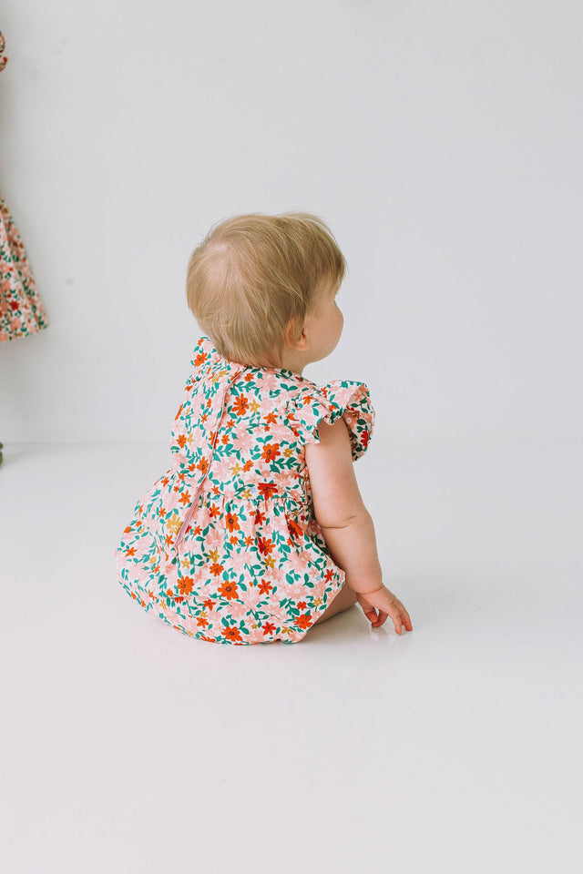 Infant Girl's Pink Red and Gold Floral Bubble Romper