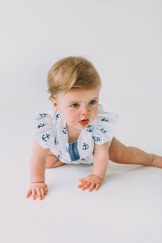 Infant Girl's White and Blue Nautical Anchor Bubble Romper