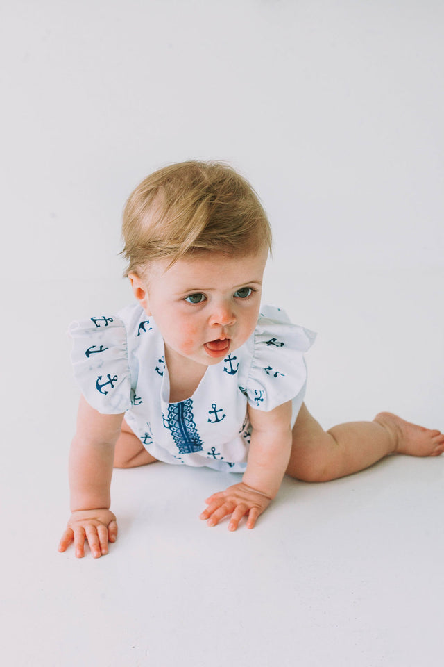 Infant Girl's White and Blue Nautical Anchor Bubble Romper