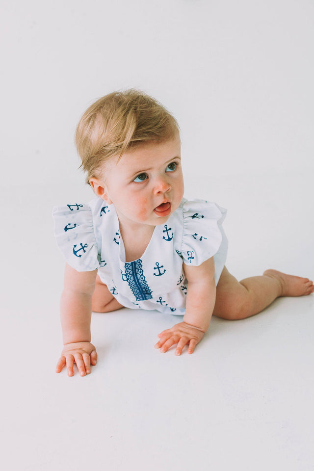 Infant Girl's White and Blue Nautical Anchor Bubble Romper