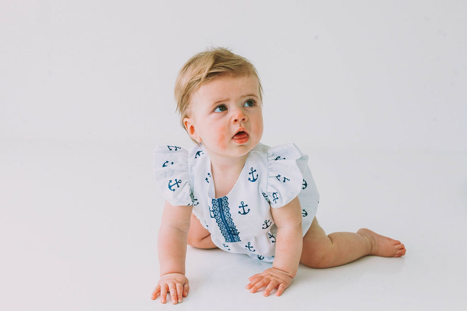 Infant Girl's White and Blue Nautical Anchor Bubble Romper