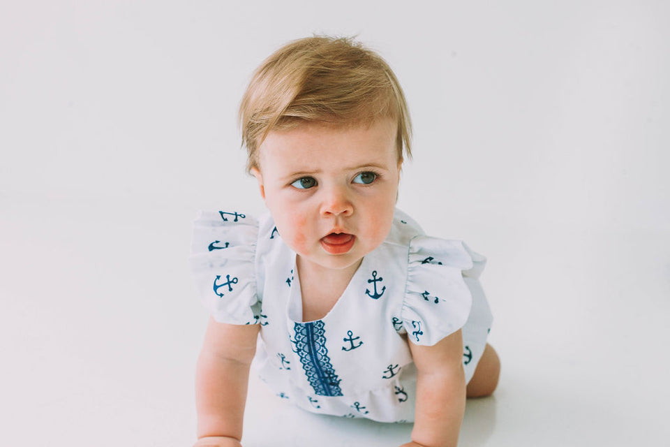 Infant Girl's White and Blue Nautical Anchor Bubble Romper