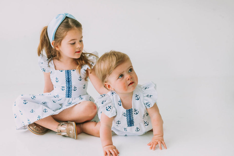 Infant Girl's White and Blue Nautical Anchor Bubble Romper