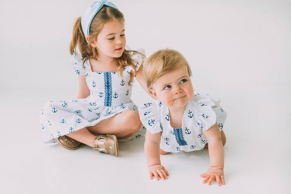 Infant Girl's White and Blue Nautical Anchor Bubble Romper