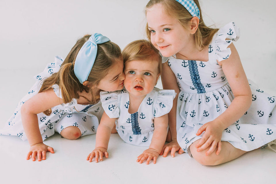 Infant Girl's White and Blue Nautical Anchor Bubble Romper