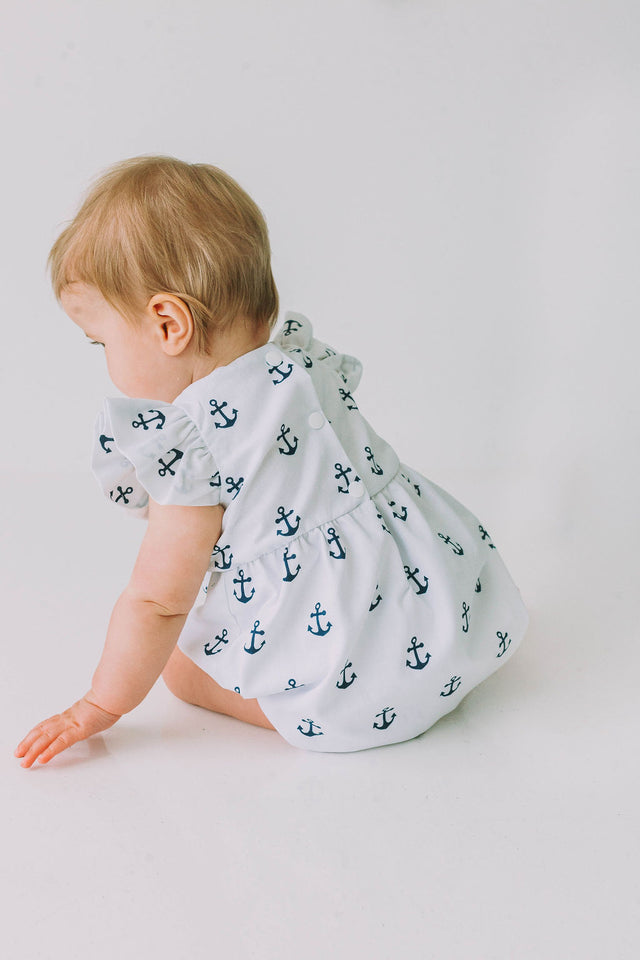 Infant Girl's White and Blue Nautical Anchor Bubble Romper