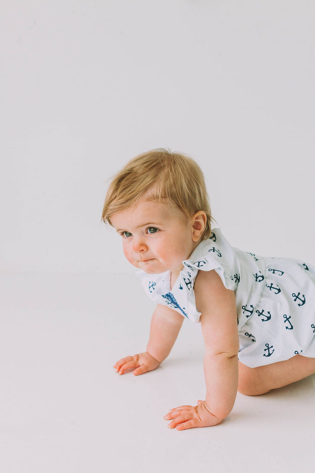Infant Girl's White and Blue Nautical Anchor Bubble Romper