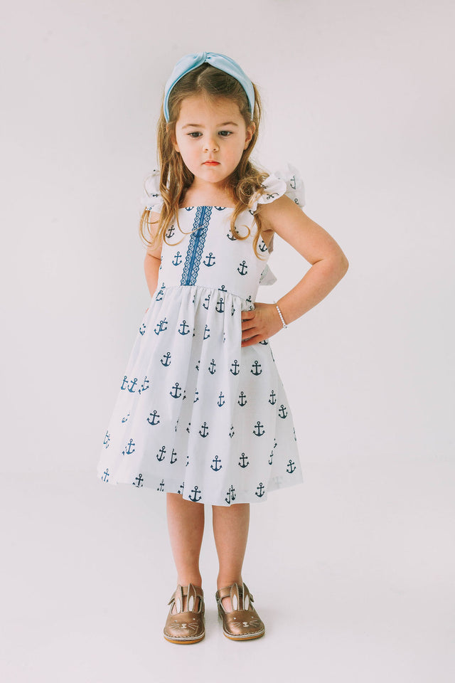 Little Girl's White and Blue Nautical Anchor Twirl Dress