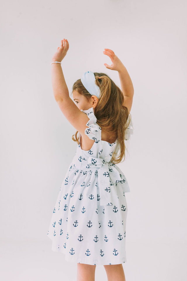 Little Girl's White and Blue Nautical Anchor Twirl Dress