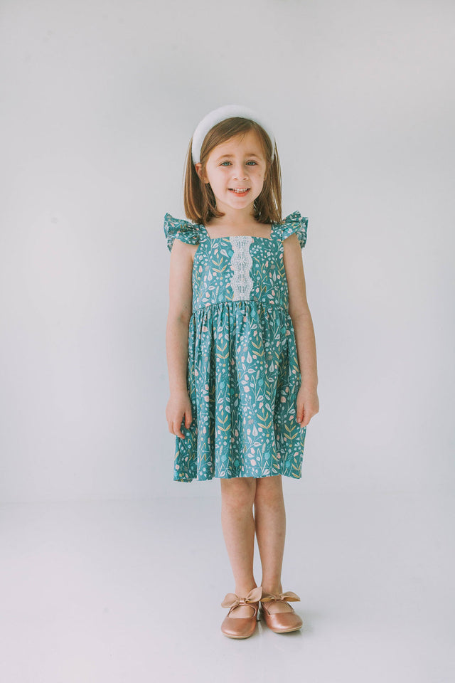 little girls sage green floral twirl dress with lace trim