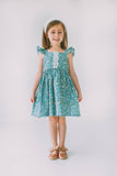 little girls sage green floral twirl dress with lace trim