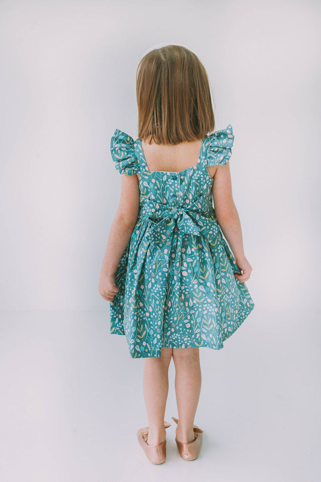 Little Girl's Sage Green Floral Flutter Sleeve Twirl Dress