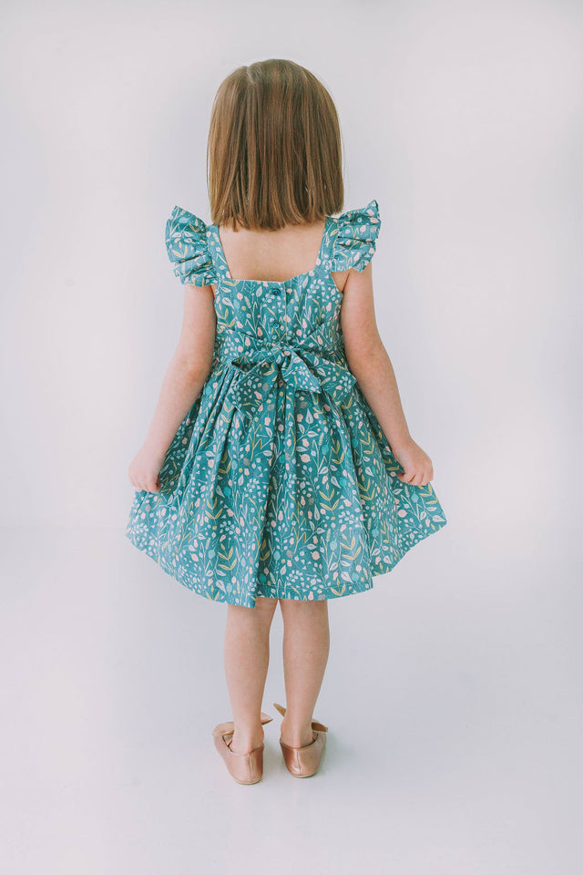 Little Girl's Sage Green Floral Flutter Sleeve Twirl Dress