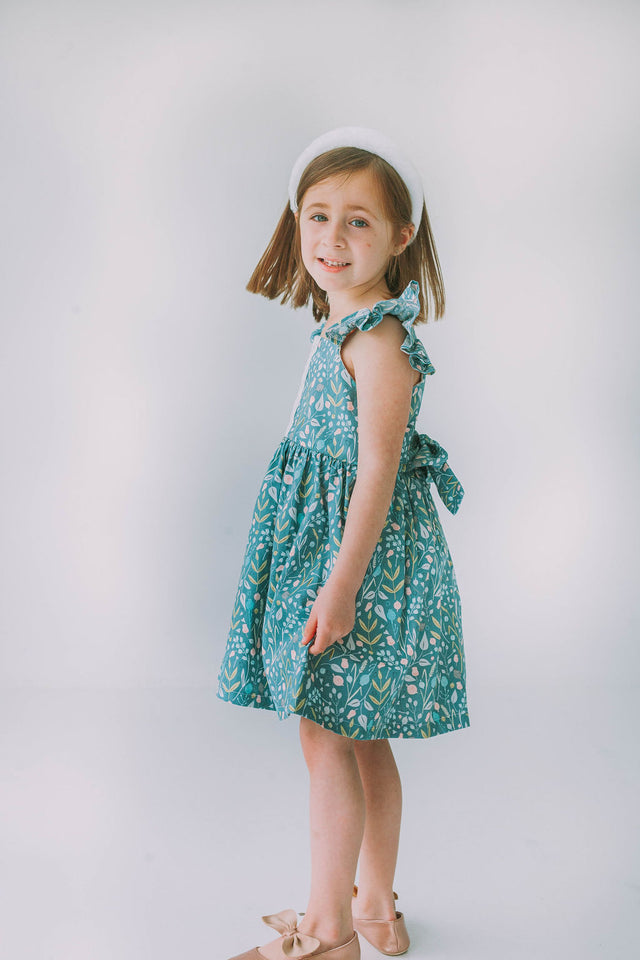 Little Girl's Sage Green Floral Flutter Sleeve Twirl Dress