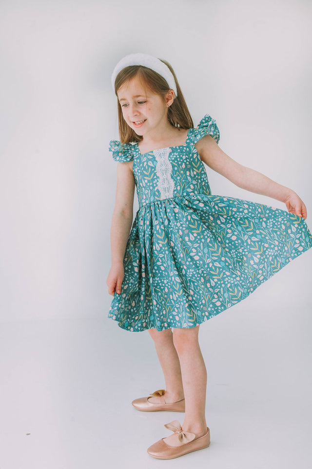 Little Girl's Sage Green Floral Flutter Sleeve Twirl Dress