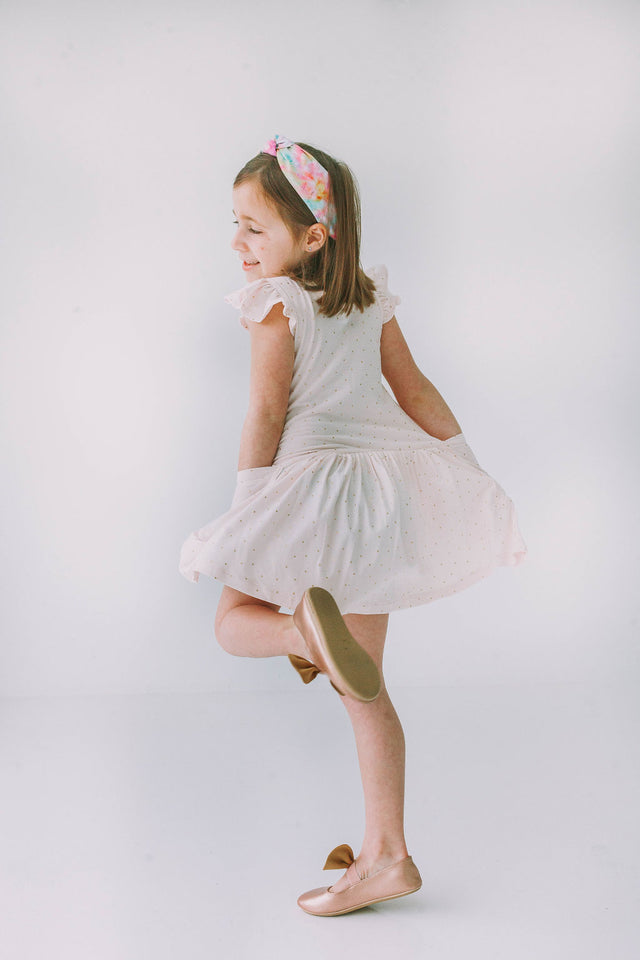 Little Girl's Pink and Gold Three Pocket Jersey Dress