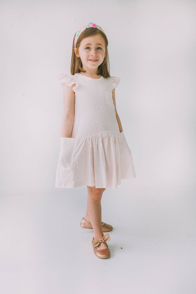 Little Girl's Pink and Gold Three Pocket Jersey Dress