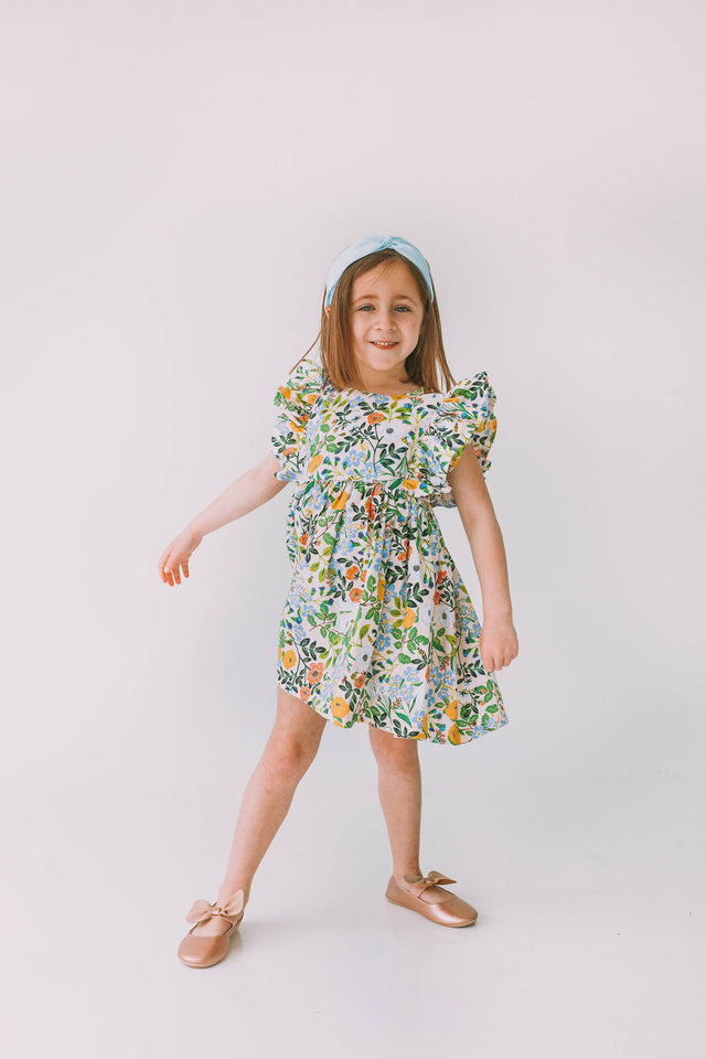 Little Girl's Orange Blue and Green Botanical Floral Pinafore Dress
