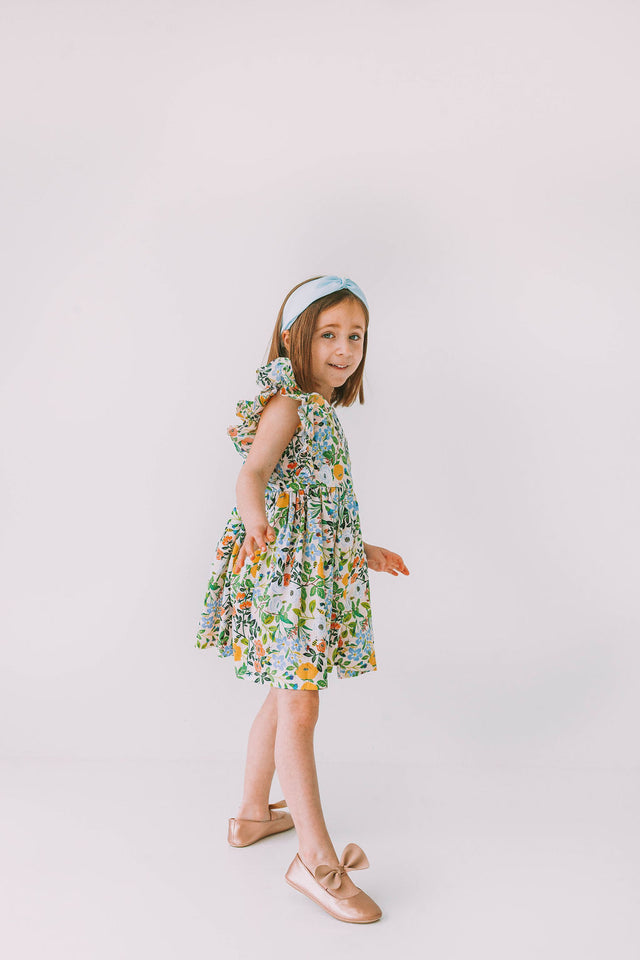 Little Girl's Orange Blue and Green Botanical Floral Pinafore Dress