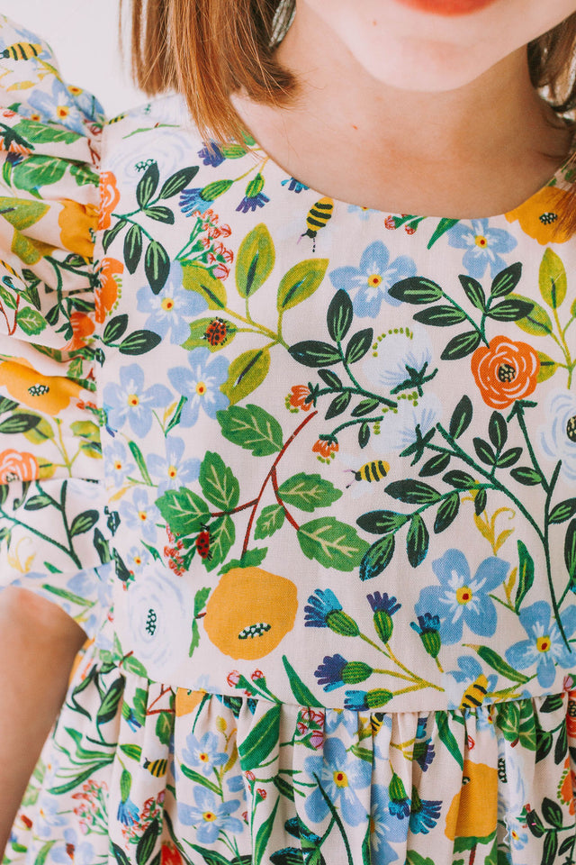 Little Girl's Orange Blue and Green Botanical Floral Pinafore Dress