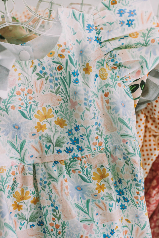 Little Girl's Orange Blue and Green Botanical Floral Pinafore Dress