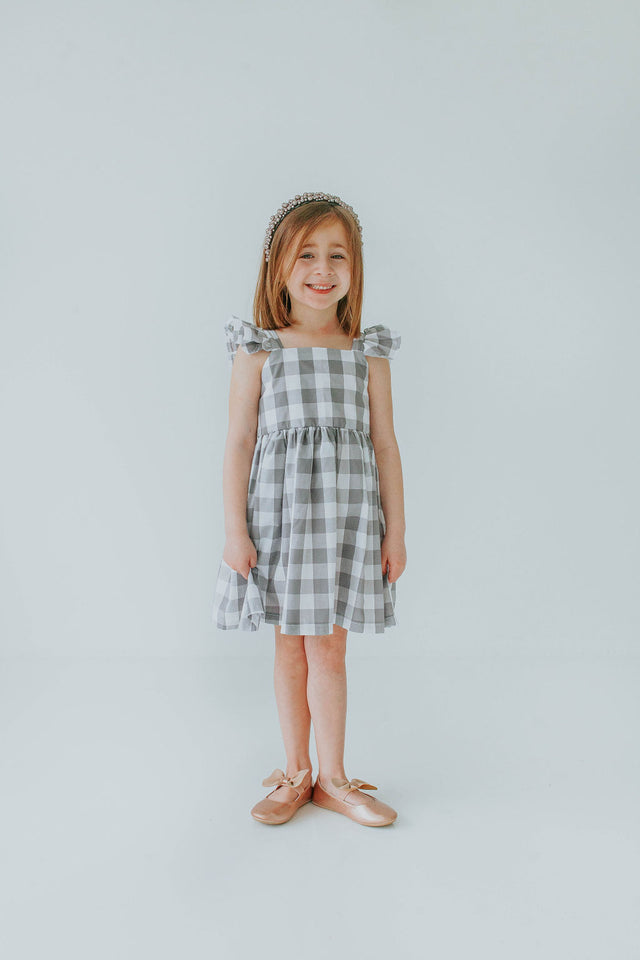 Little Girl's Gray and White Plaid Twirl Dress