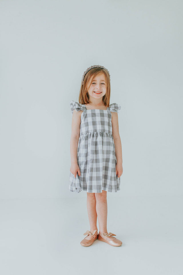 Little Girl's Gray and White Plaid Twirl Dress