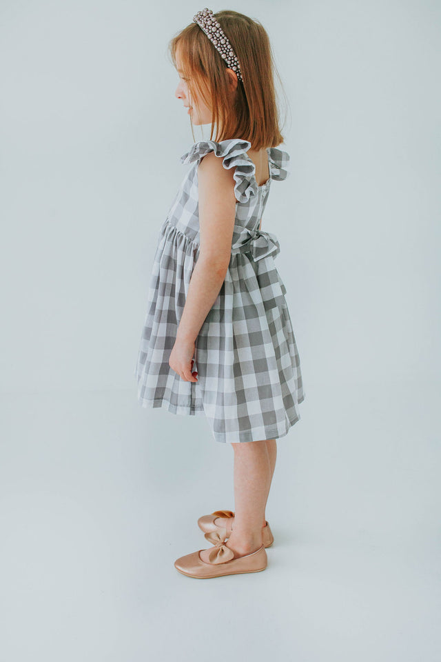 Little Girl's Gray and White Plaid Twirl Dress